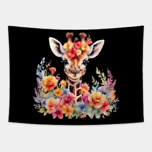 A giraffe decorated with beautiful watercolor flowers Tapestry