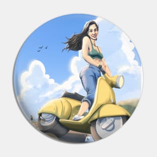 riding yellow scooter Pin