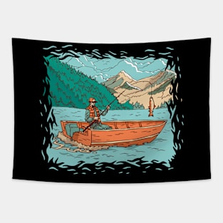 Fisherman in Boat a Man in a Lake Fishing in a Boat in Illustration Style Fishing Tapestry