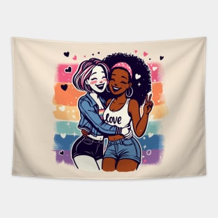 Cute Happy Lesbian Sapphic Whitey Melanin Rainbow Pride Tapestry