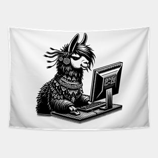 Punk Rock Goth Llama on Computer Vintage Style Tapestry