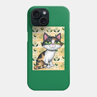 Cute Calico Cat in front of greenish flowers Phone Case