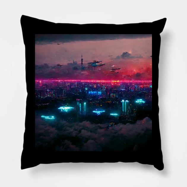 High Sphere - Cyberpunk Cityscape Skyline Pillow by ArkMinted