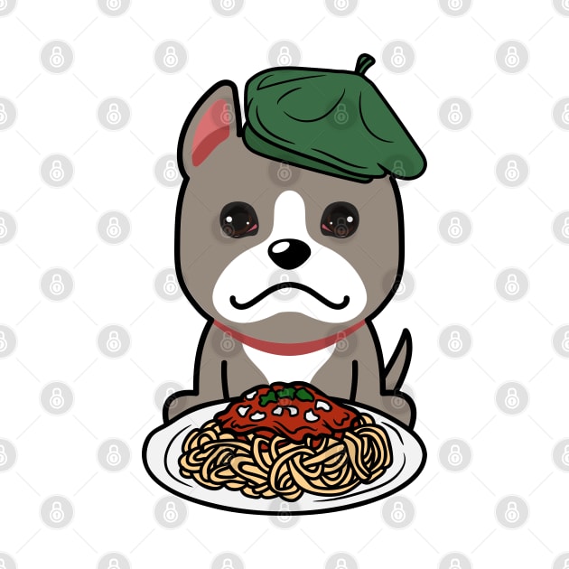 Cute grey dog eating spaghetti by Pet Station