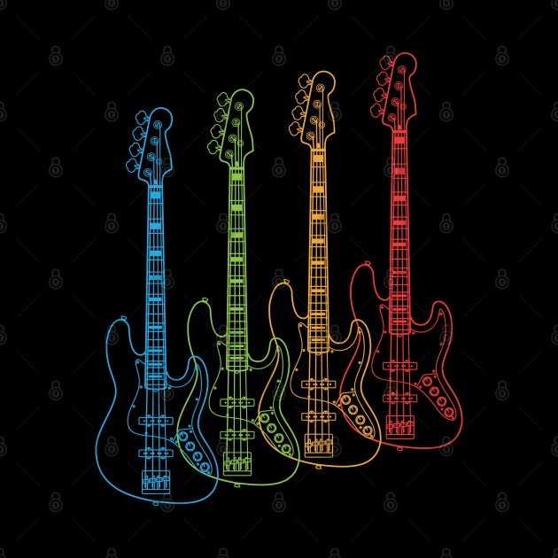 Four J-Style Bass Guitar Outlines Multi Color by nightsworthy