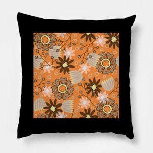 Abstract Floral Pattern In Brown Beige Yellow And White On Orange Pillow