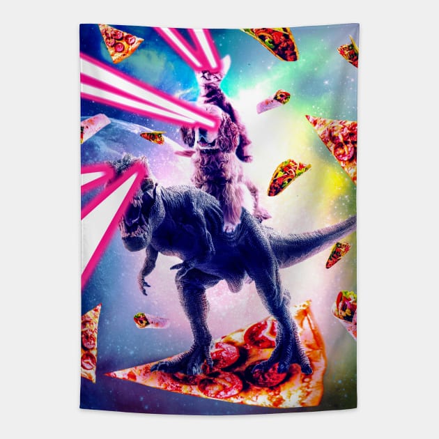 Laser Eyes Space Cat Riding Dog And Dinosaur Tapestry by Random Galaxy