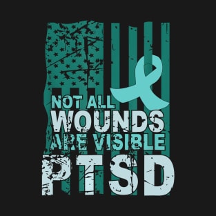 PTSD Awareness Not All Wounds Are Visible Teal Ribbon Flag T-Shirt