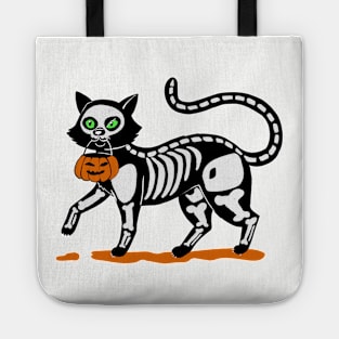 black cat in skeleton costume trick and threat Tote