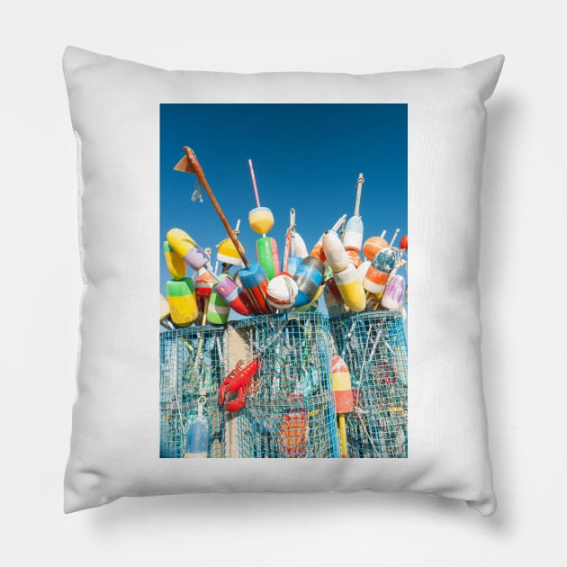 Collection of colorful fishing or lobster trap buoys and markers at wharf in Provincetown, Massachusetts, USA.  Looks great on a sticker and even better as a canvas print on your wall Pillow by brians101