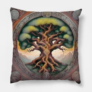 Aged Illustration of Yggdrasil Viking World Tree Pillow