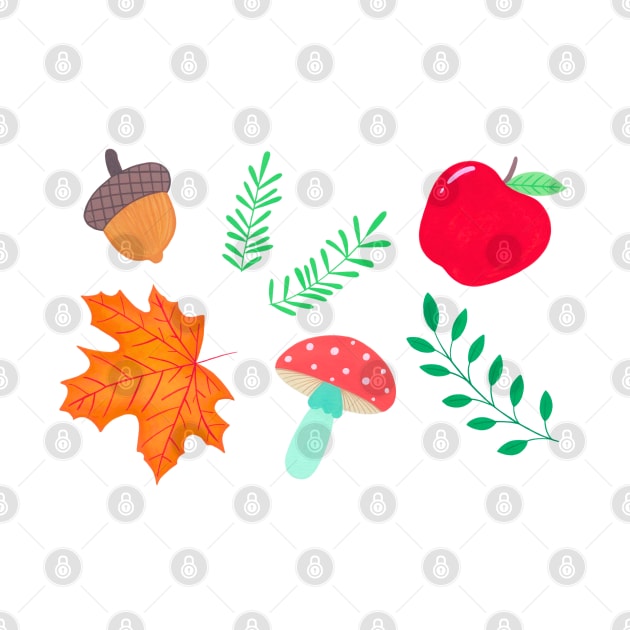 Autumn pattern with leaves, mushrooms, acorns and apples by NashTheArtist