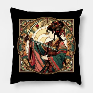 Chinese Sword Fighter Art Deco Mucha Mash-Up Pillow