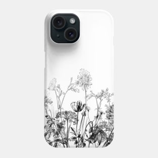 Black White Wild Flowers Botanical Pattern Illustration Vintage Phone Case