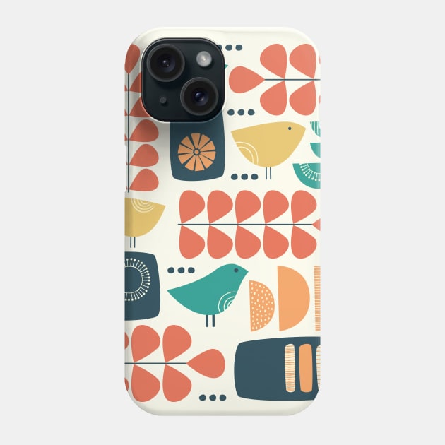 Retro Mid Century Modern Bird and Leaves in charcoal, teal, orange and yellow Phone Case by tramasdesign