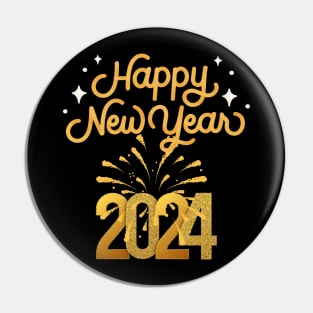 Happy New Year 2024 Gold Letters, Fireworks Design Pin