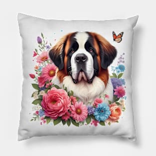 A St. Bernard dog decorated with beautiful colorful flowers. Pillow