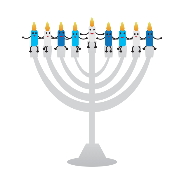 Funny Hanukkah illustration, Cute candles characters sitting on Hanukkah menorah by sigdesign