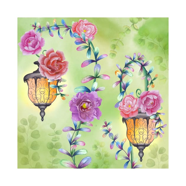 Vintage streetlights with peony flowers and colorful leaves ornament. Fairy spring garden watercolor illustration. Enchanted romantic scenery by likapix