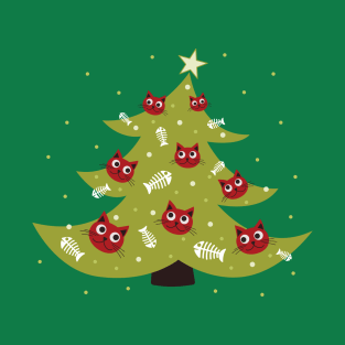 Cat Christmas Tree With Fish Ornaments T-Shirt