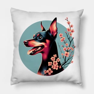 Miniature Pinscher Delights in Spring Cherry Blossoms Pillow