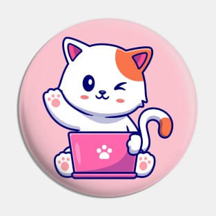 Cute Cat Working On Laptop With Coffee Cup Cartoon Pin