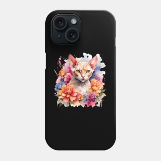 A devon rex cat decorated with beautiful watercolor flowers Phone Case