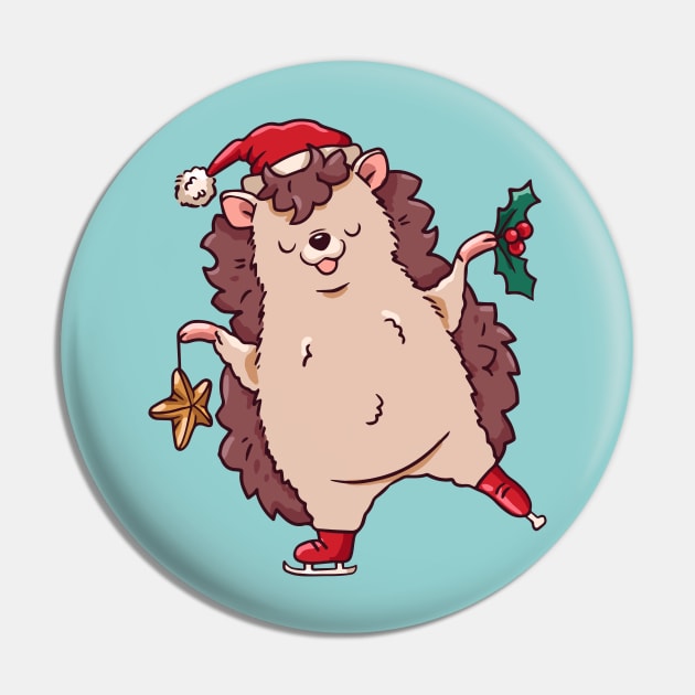 Cute Cartoon Christmas Ice Skating Hedgehog Pin by SLAG_Creative