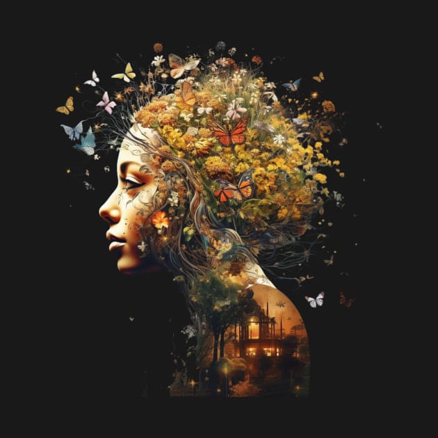 Woman With Flowers And Butterflies Surrounding Her Face Harmony of Life by Positive Designer