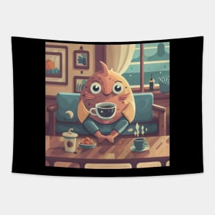 Cute Cozy fish having coffee Tapestry