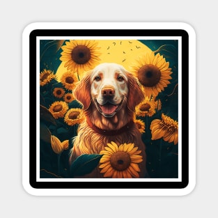 Golden Retriever Dog, Surrounded by Sunflowers, Dog Lover Magnet