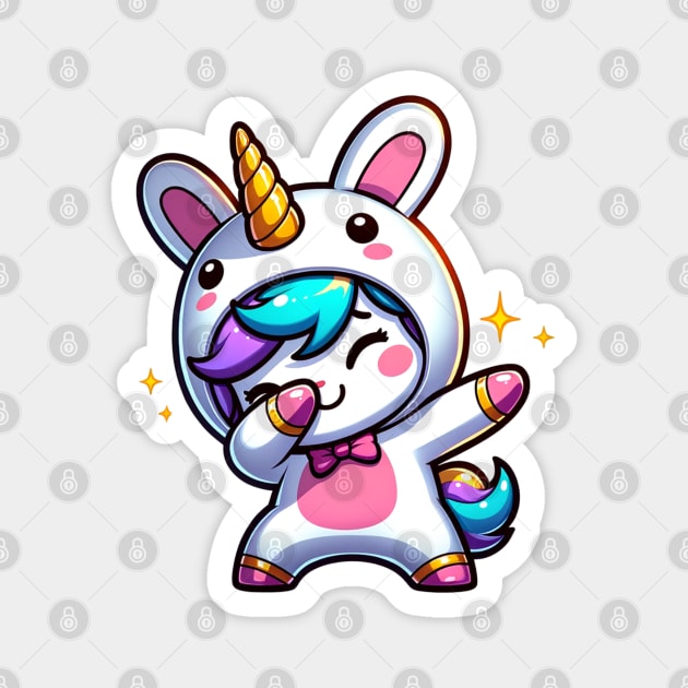 Cute Kawaii Dabbing Unicorn Wearing Easter Bunny Costume Magnet by Odetee