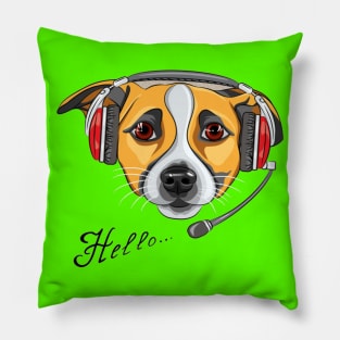 Customer service worker dog Jack Russell Terrier, call center operator with phone headset says Hello Pillow