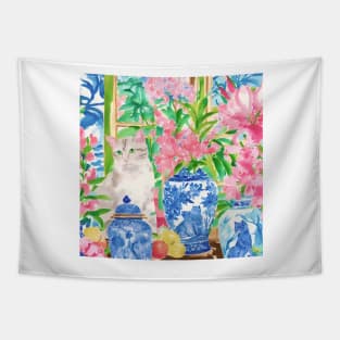 Cat in chinoiserie interior with ginger jars and flowers Tapestry