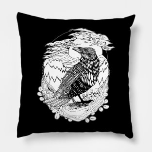 Patterned Woodland Raven - Black Linework Pillow