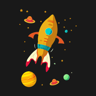 Yellow Rocket In Space. Planets And Stars Around The Spaceship T-Shirt