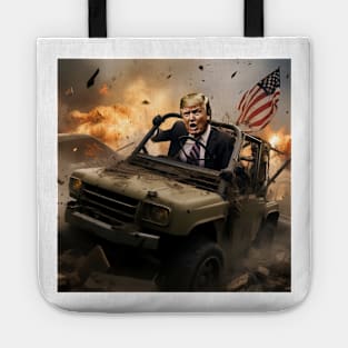 Trump riding car on construction site Tote