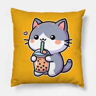 funny cat drink orange boba Pillow