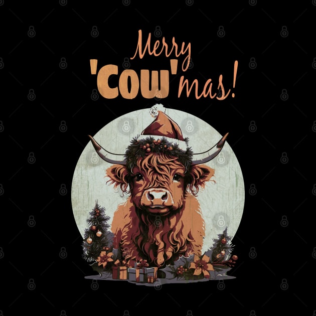 Highland Cow Christmas Merry and Bright, Scottish, Cow Xmas Farmer, Christmas sweater with cute Highland Cow by Collagedream