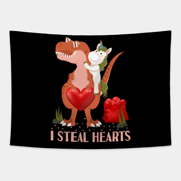 Valentines Day Dinosaur I Steal Hearts Unicorn Riding T rex Tapestry by Tesszero