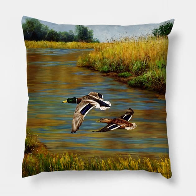 Mallard Ducks Flying Over Water in Wetlands Pillow by csforest