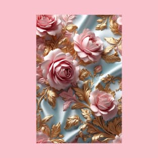 Sequin roses on pastel blue baroque silk T-Shirt