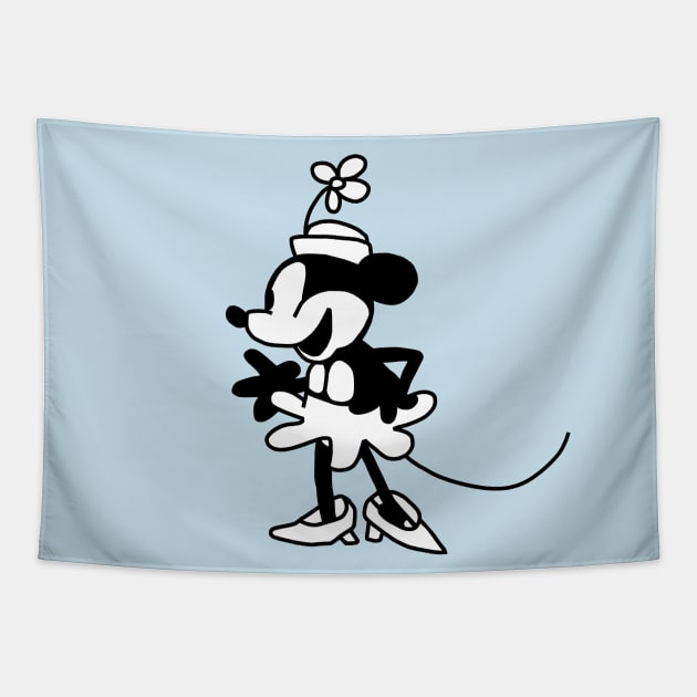 Chatty Cartoon Girl Mouse in Steamboat Willie Tapestry by ellenhenryart