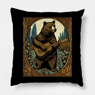 Bear Playing Guitar Vintage Cottagecore Cute Music Pillow