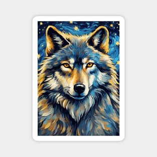 Wolf Animal Portrait Painting in a Van Gogh Starry Night Art Style Magnet