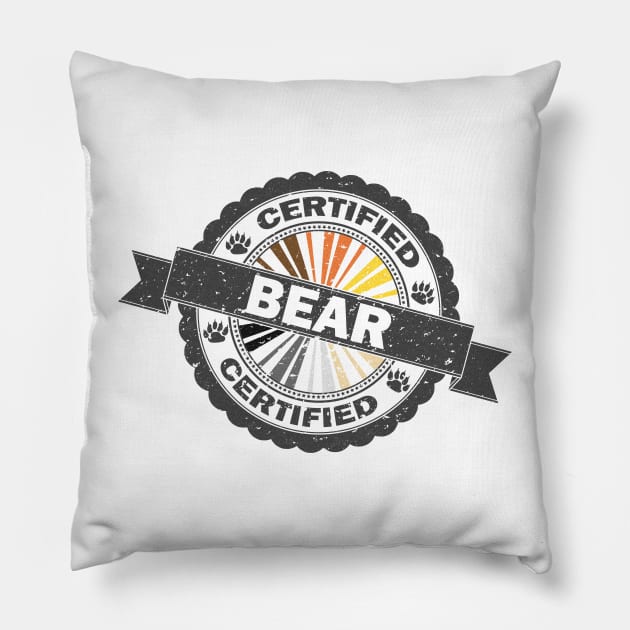 Certified Gay Bear Pride Seal of Approval with Pride Flag Background Pillow by LiveLoudGraphics