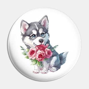 Valentine Siberian Husky Dog Giving Flowers Pin