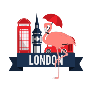 Pink Flamingo in London England Travel Icons T-Shirt