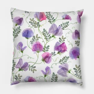 Sweet pea watercolor flowers and leaves seamless translucent composition. Transparent floral spring romantic bouquets Pillow