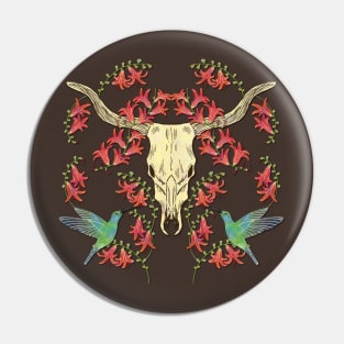 Western Cow Skull with Hummingbirds and Flowers Pin